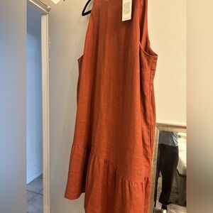 Women’s Rust Orange Sleeveless Ruffle-Hem linen Dress